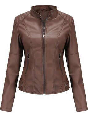 Women's Brown Faux Leather Bomber Jacket Zipper closure Belted Motorcycle Coats